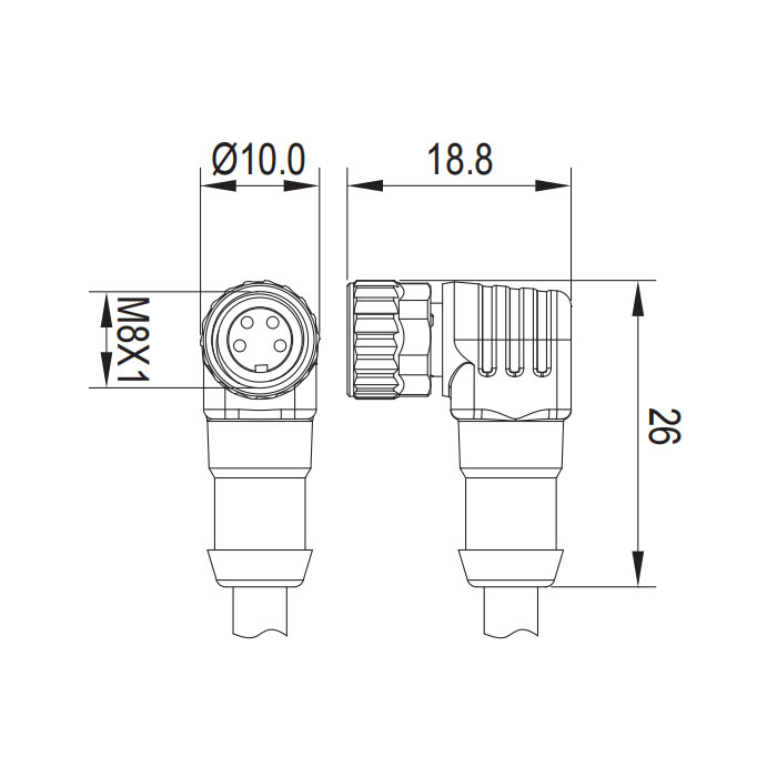 M8 4Pin、母頭90°、帶LED燈、單端預鑄PVC非柔性電纜、灰色護套、63S163-XXX