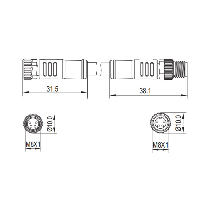 M8 4Pin、母頭直型轉公頭直型、雙端預鑄PUR柔性電纜、帶屏蔽、黑色護套、63D125-XXX