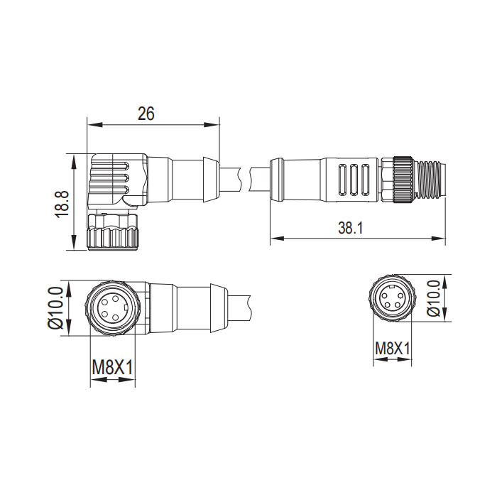 M8 4Pin、母頭90°、帶LED燈轉公頭直型、雙端預鑄PVC非柔性電纜、灰色護套、63D183-XXX