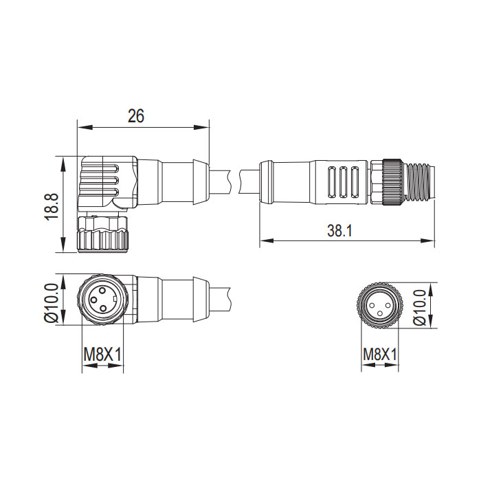 M8 3Pin、母頭90°轉(zhuǎn)公頭直型、雙端預(yù)鑄PUR柔性電纜、黑色護(hù)套、63D061-XXX 