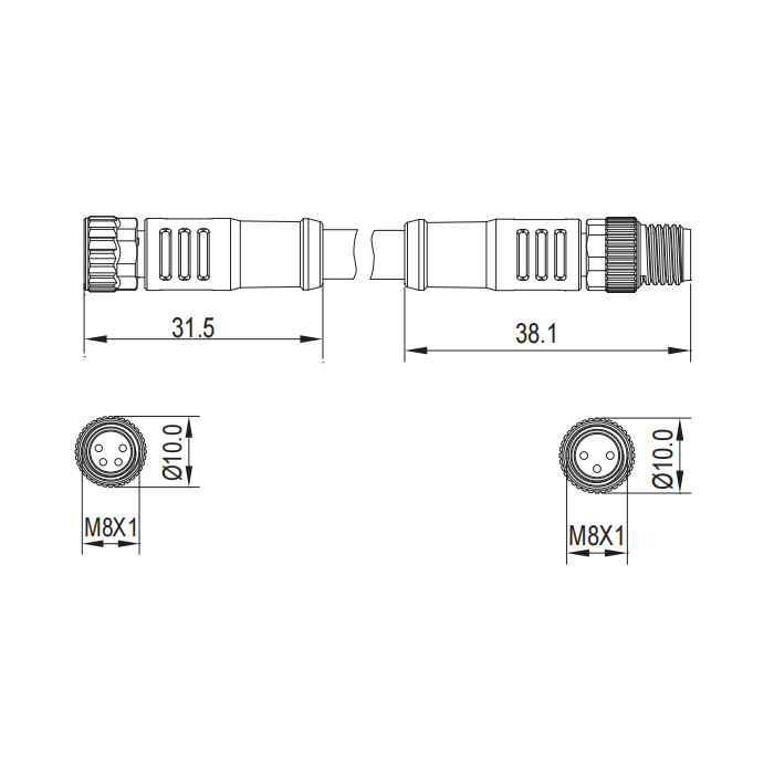 M8 3Pin、母頭直型轉公頭直型、雙端預鑄PVC非柔性電纜、灰色護套、63D103-XXX