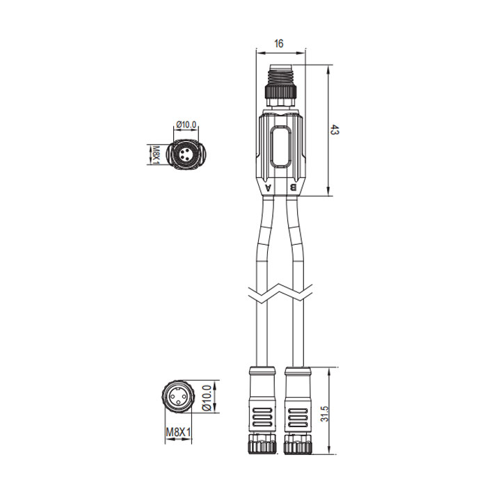 M8 4Pin公頭/2M8 3Pin母頭、Y型預(yù)鑄PVC非柔性電纜、灰色護(hù)套、63D323-XXX