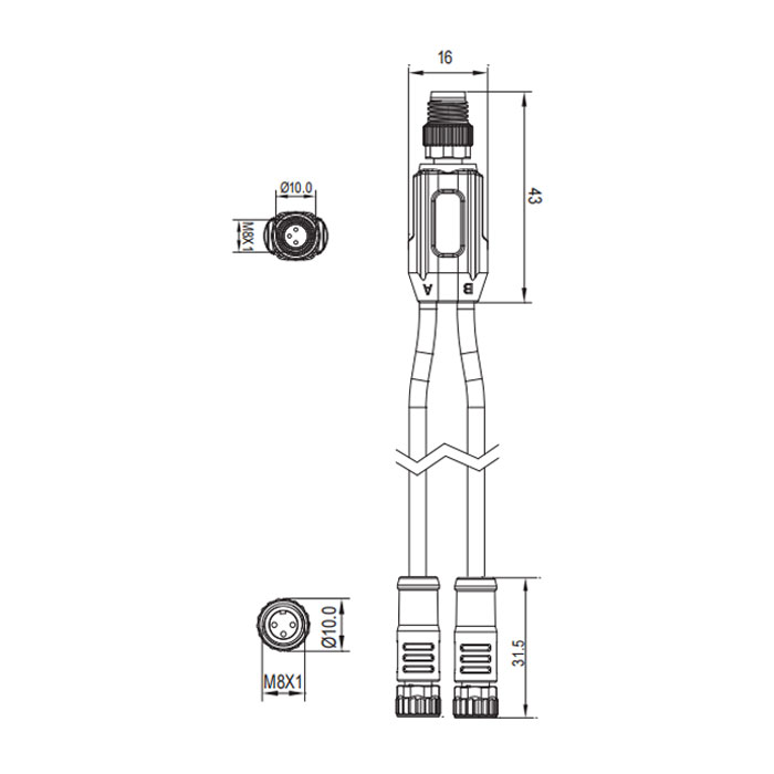 M8 3Pin公頭/2M8 3Pin母頭、Y型預鑄PUR拖鏈電纜、黑色護套、63D341-XXX