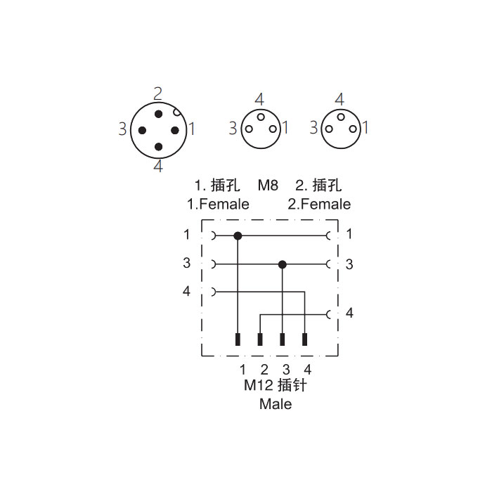 M12 4Pin公頭/2M8 3Pin母頭、Y型插接器、643301