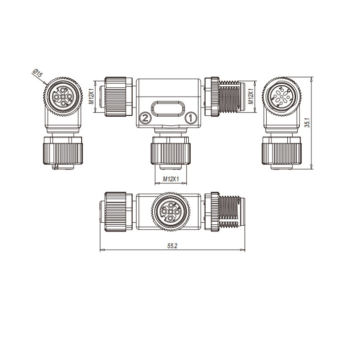 M12 5Pin公頭/2M12 5Pin母頭、T型連接器、0C4555