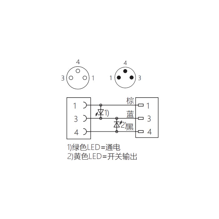 M8 3Pin、母頭直型、帶LED燈轉公頭直型、雙端預鑄PVC非柔性電纜、灰色護套、63D023-XXX