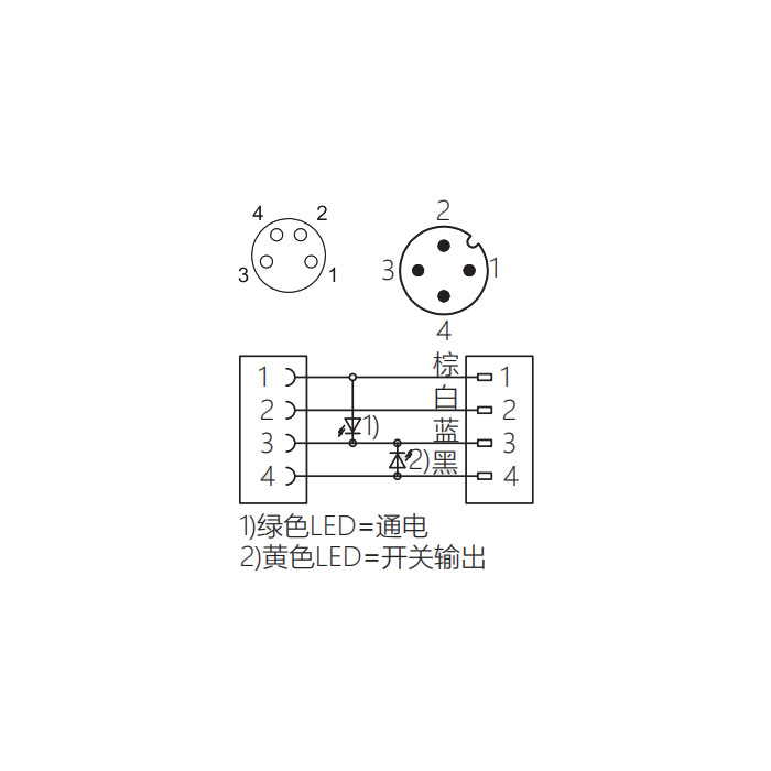 M8母頭90°、帶LED燈轉M12公頭直型、4Pin、雙端預鑄PUR柔性電纜、黑色護套、63D301-XXX