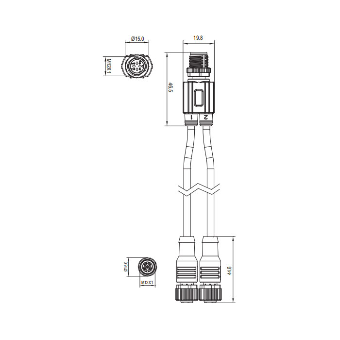 M12 4Pin male/2M8 3Pin female、Y-type pre cast PUR drag chain cable、Black sheath、64D421-XXX