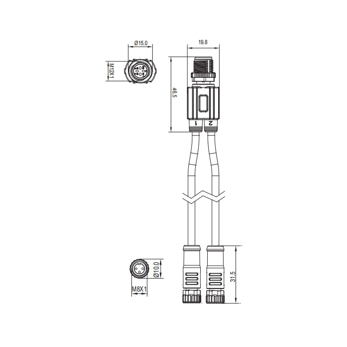 M12 4Pin male/2M8 3Pin female、Y-shaped precast PVC non-flexible cable、Gray sheath、64D423-XXX