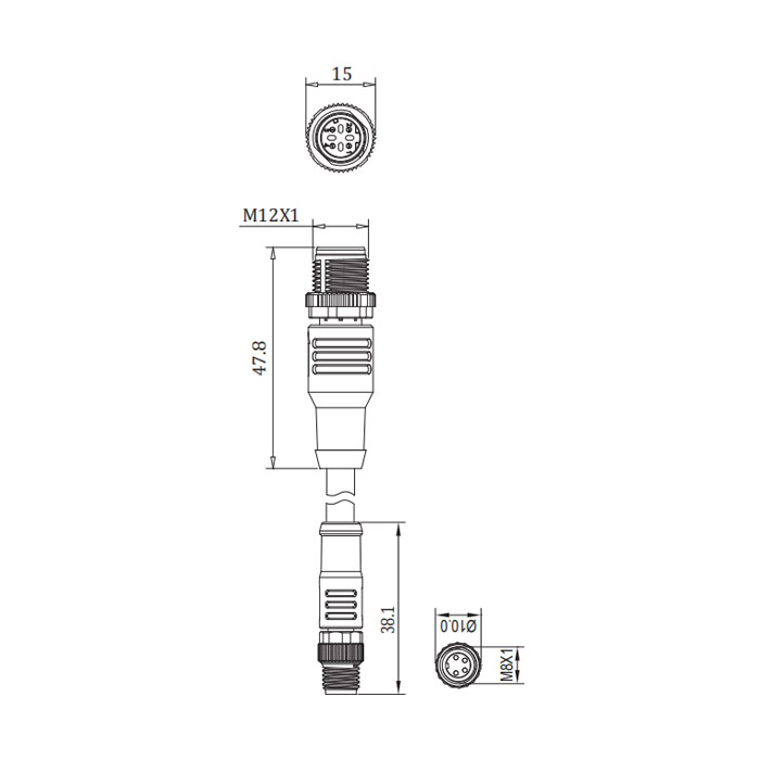 M8公頭直型4Pin轉M12公頭直型 4Pin（D-coded)、雙端預鑄PVC非柔性電纜、帶屏蔽、綠色護套、0C3081-XXX