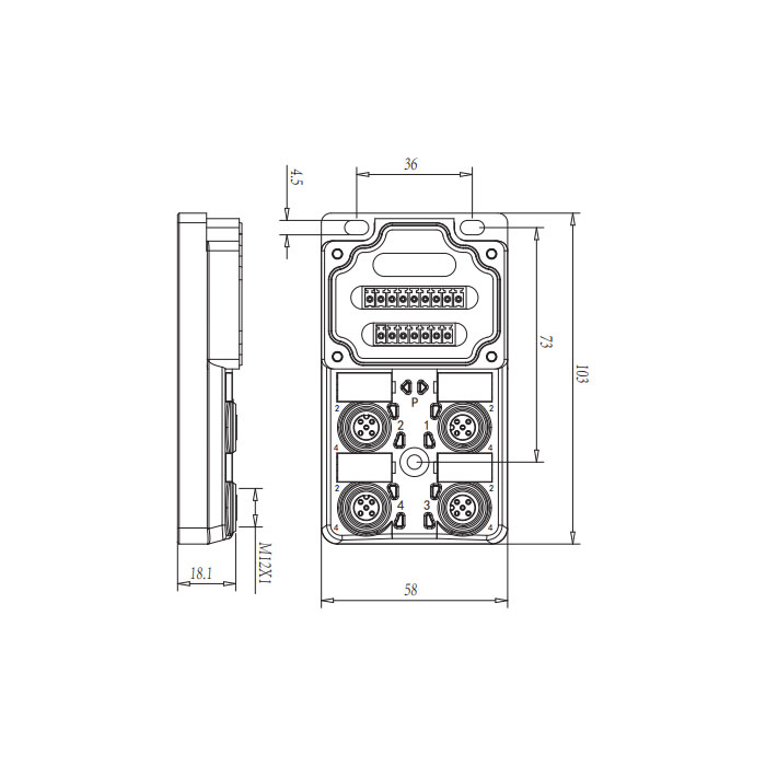 M12分線盒、雙通道、NPN、4端口分體式、帶LED、PCB端子、24N40G