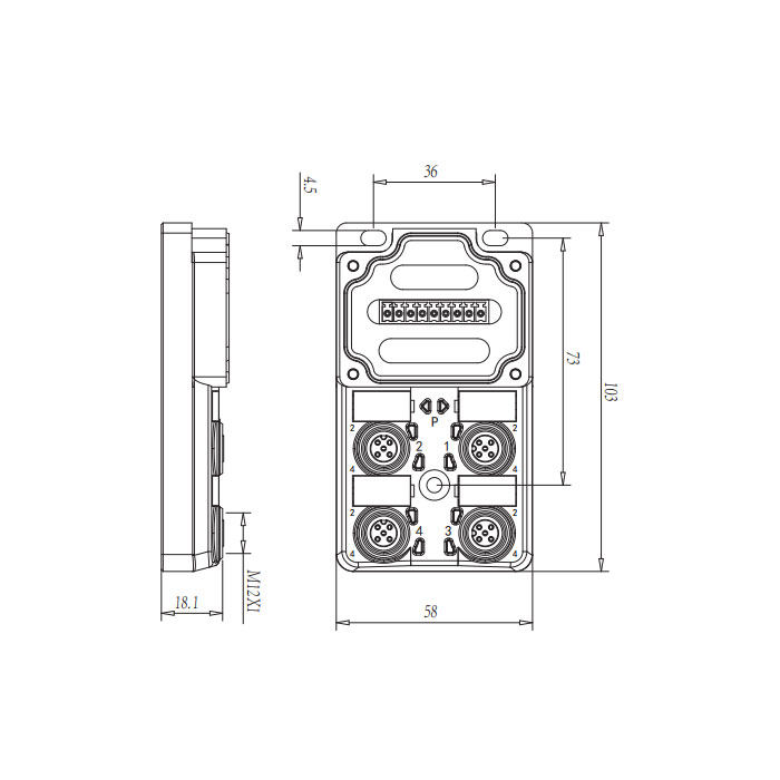 M12分線盒、單通道、NPN、4端口分體式、帶LED、PCB端子、24N409