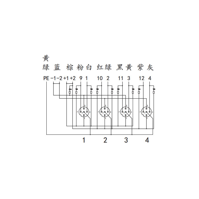 M12分線盒、雙通道、NPN、4端口分體式、帶LED、PCB端子帶插頭、24N4SG