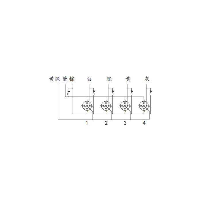 M12分線盒、單通道、NPN、4端口一體式、帶LED、PVC非柔性電纜、灰色護套、24N421-XXX