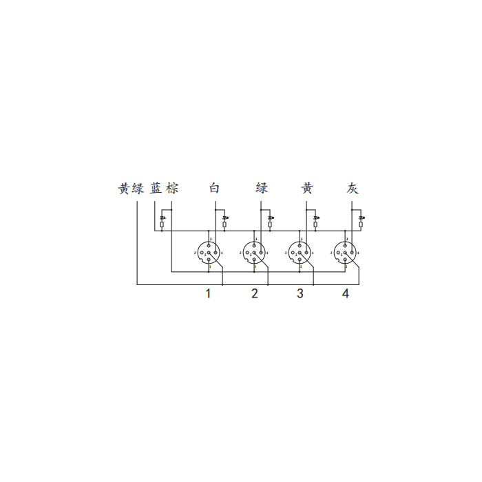 M12分線盒、單通道、PNP、4端口一體式、帶LED、PVC非柔性電纜、灰色護套、24P421-XXX