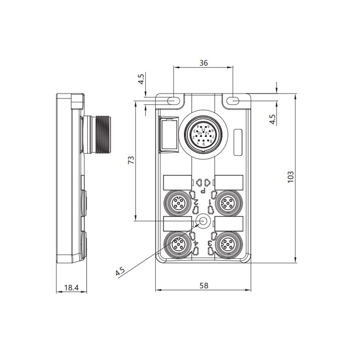 M12分線盒、單通道、Without LED、4端口分體式、M23集成接口基座、24W4CT