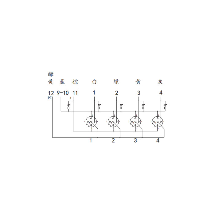 M12分線盒、單通道、PNP、4端口分體式、帶LED、M23集成接口基座、24P4CT