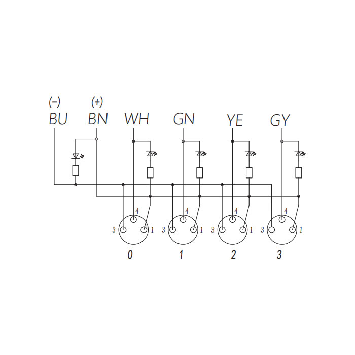 M8 Junction box、Single channel、NPN、4 port 、All-in-one、With LED、PVC non-flexible cable、Gray sheath、23N421-XXX