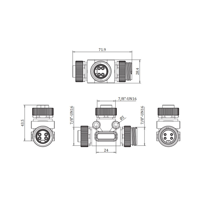  7/8" 4Pin 公頭/2x 7/8" 4Pin 母頭、T型三通、0PI444