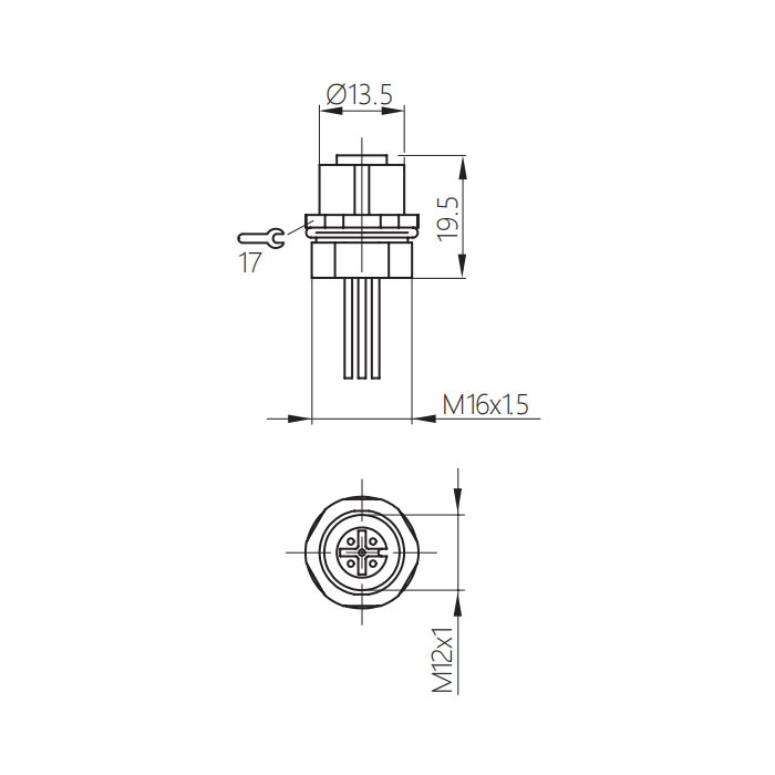 M12 5Pin、母頭直型、法蘭插座、板前安裝、預鑄UL電子線、64SA41-XXX