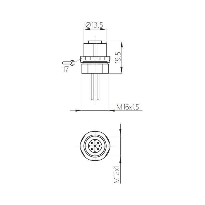 M12 4Pin、母頭直型、法蘭插座、板前安裝、適用于現場焊接安裝、64SA01H