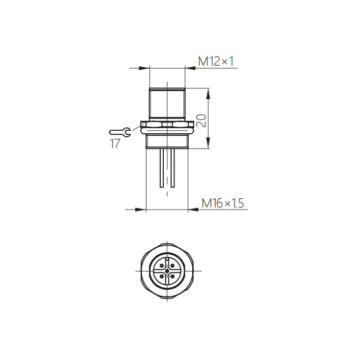 M12 4Pin、公頭直型、法蘭插座、板前安裝、適用于現(xiàn)場(chǎng)焊接安裝、64SA21H