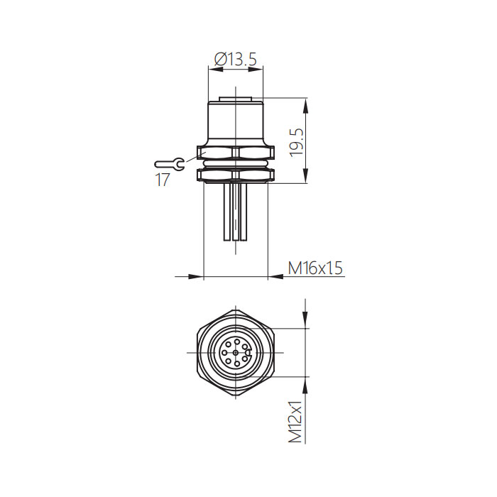 M12 8Pin、公頭直型、法蘭插座、板前安裝、預鑄UL電子線、64SB21-XXX