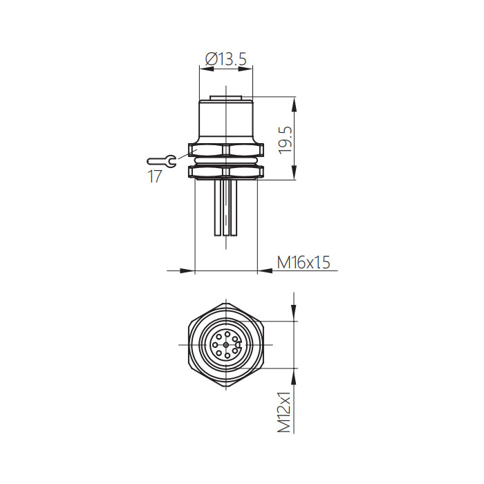 M12 8Pin、母頭直型、法蘭插座、板前安裝、預鑄UL電子線、64SB01-XXX