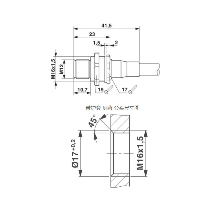 M12 4Pin、公頭直型、法蘭插座、板后安裝、預鑄UL電子線、64SB61-XXX