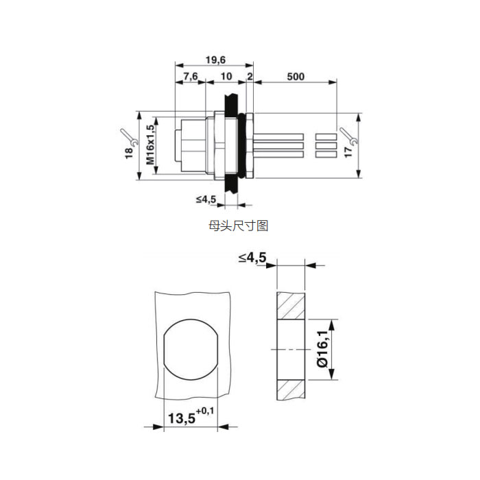 M12 5Pin、母頭直型、法蘭插座、板后安裝、預(yù)鑄UL電子線、64SB81-XXX