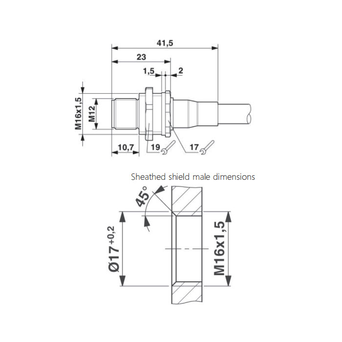 M12 4Pin、Male、Flanged connector、Board rear mount、Pre cast PVC non flexible cable、shield、Gray sheath、64SB65-XXX