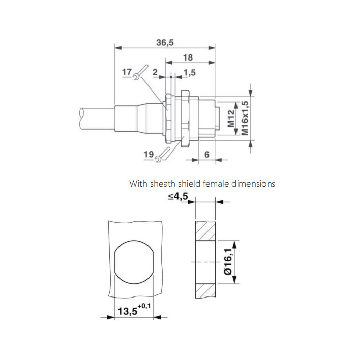 M12 4Pin、Female、Flanged connector、Board rear mount、Pre cast UL electronic cable、64SB41-XXX