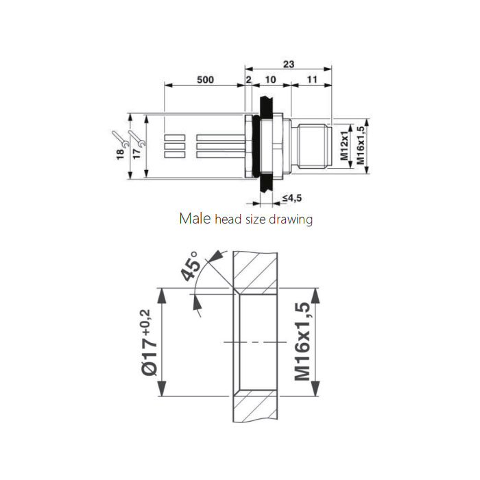 M12 5Pin、Male、Flanged connector、Board rear mount、PCB installation、64SC01P