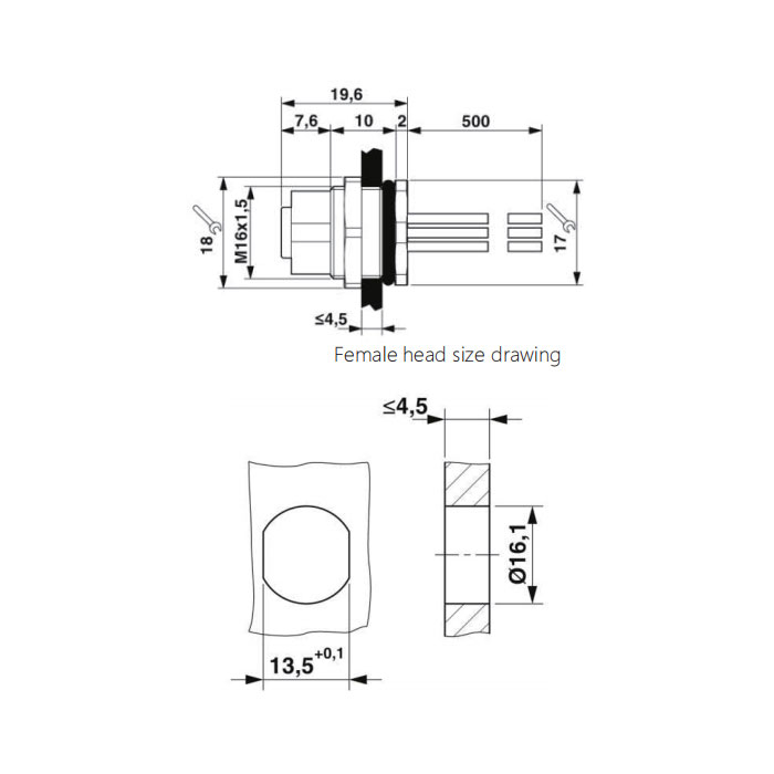 M12 12Pin、Female、Flanged connector、Board rear mount、Welding installation、64SC61H