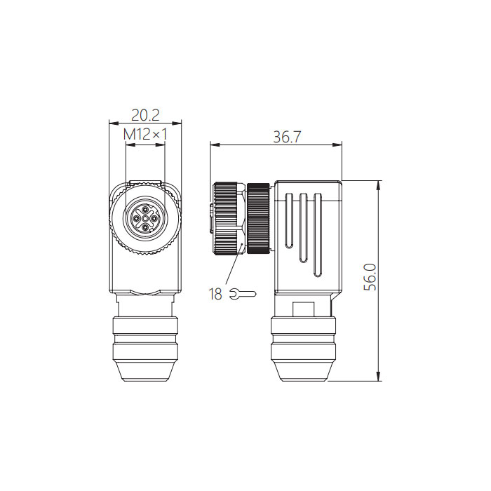 M12 5Pin、母頭90°、螺釘連接、金屬屏蔽、64F561 