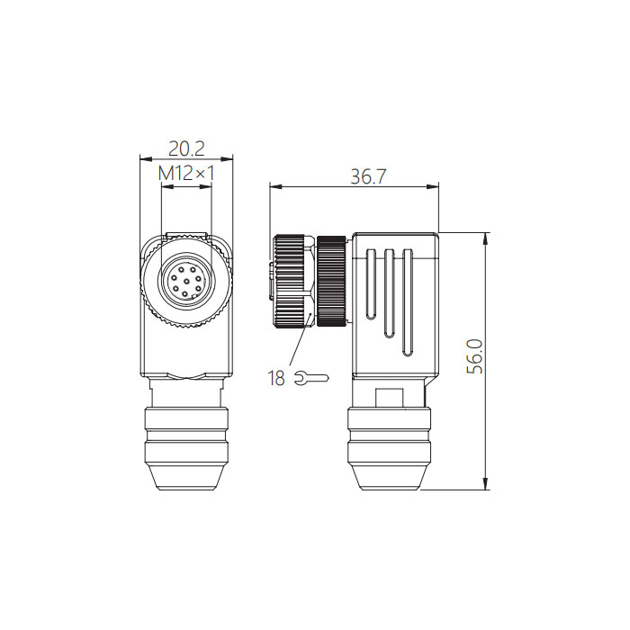 M12 8 Pin、Female 90°、Screw connection、Metal shielding、64F641 