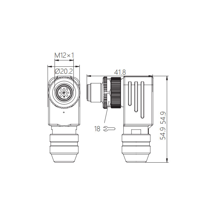 M12 4Pin、公頭90°、螺釘連接、金屬屏蔽、64F501