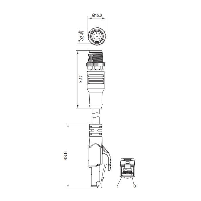 M12 8Pin 公頭直型轉(zhuǎn)RJ45公頭直型、雙端預(yù)鑄TPE柔性電纜、帶屏蔽、藍色護套、Ethernet Cat5e、0C4461-XXX