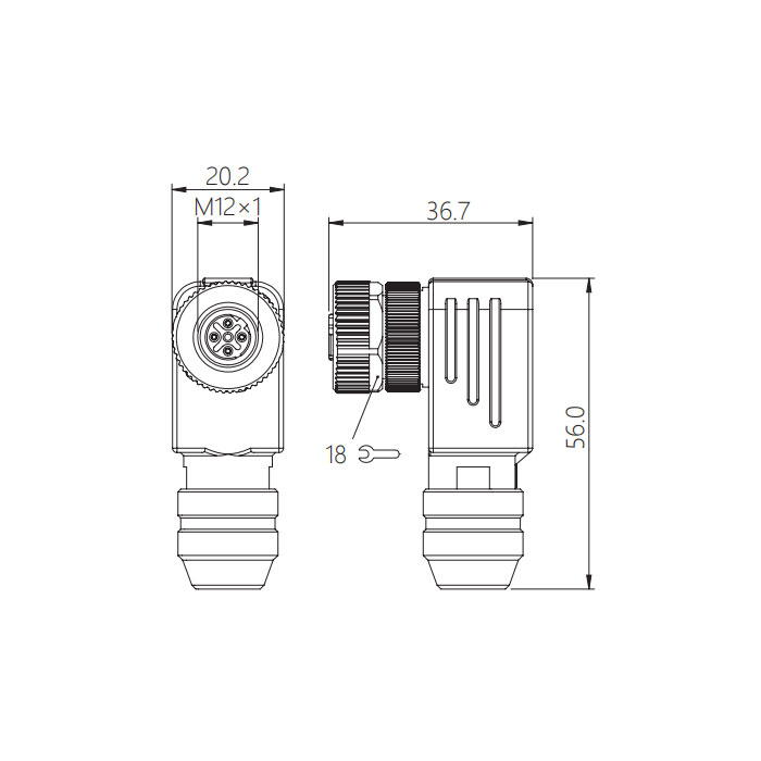 M12  5Pin、B-coded、母頭90°、螺釘連接、金屬屏蔽、0CF061