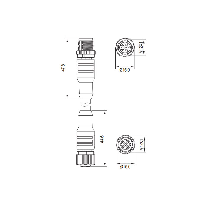 M12 4Pin 母頭直型轉公頭直型、雙端預鑄PVC非柔性電纜、帶屏蔽、灰色護套、0C4A43-XXX