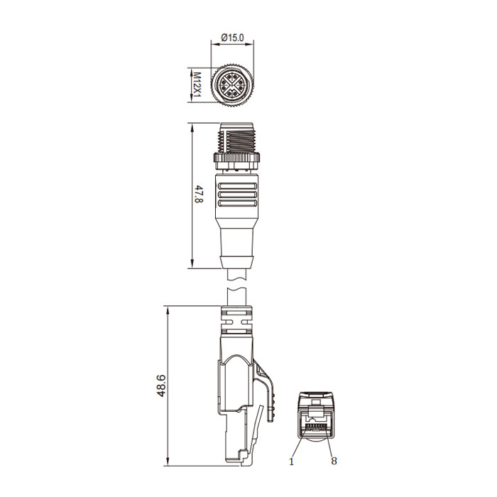 M12 8Pin（X-coded）公頭直型轉RJ45公頭直型、雙端預鑄PVC非柔性電纜、帶屏蔽、藍色護套、Ethernet Cat.6a 10Gbps、0CF463-XXX 