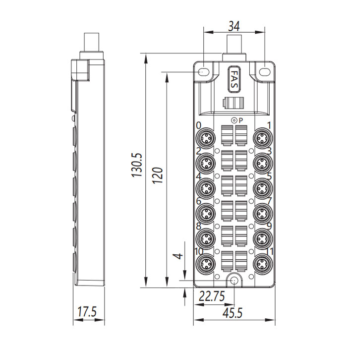 M8分線盒、單通道、PNP、12端口一體式、帶LED、PUR柔性電纜、黑色護套、23PA01-XXX