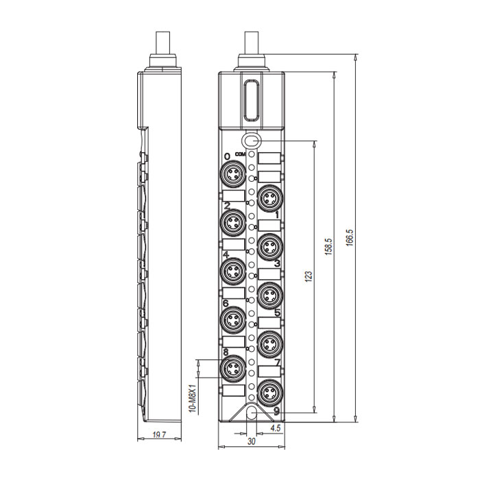 M8分線盒、單通道、PNP、10端口一體式、帶LED、PVC非柔性電纜、灰色護套、23PA31-XXX