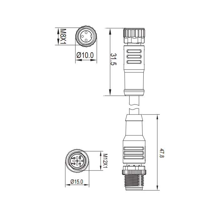 M8 3Pin 母頭直型轉(zhuǎn)M12 3Pin 公頭直型、雙端預(yù)鑄防焊渣PUR柔性電纜、橙色護(hù)套、63T201-XXX