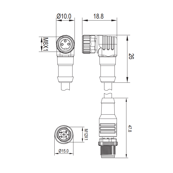 M8 3Pin 母頭90°轉M12 3Pin 公頭直型、雙端預鑄PUR柔性電纜、橙色護套、63T221-XXX