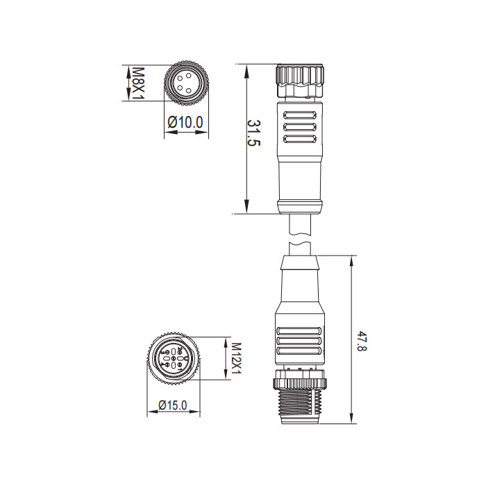 M8 4Pin 母頭直型轉M12 4Pin 公頭直型、雙端預鑄防焊渣PUR柔性電纜、橙色護套、63T261-XXX