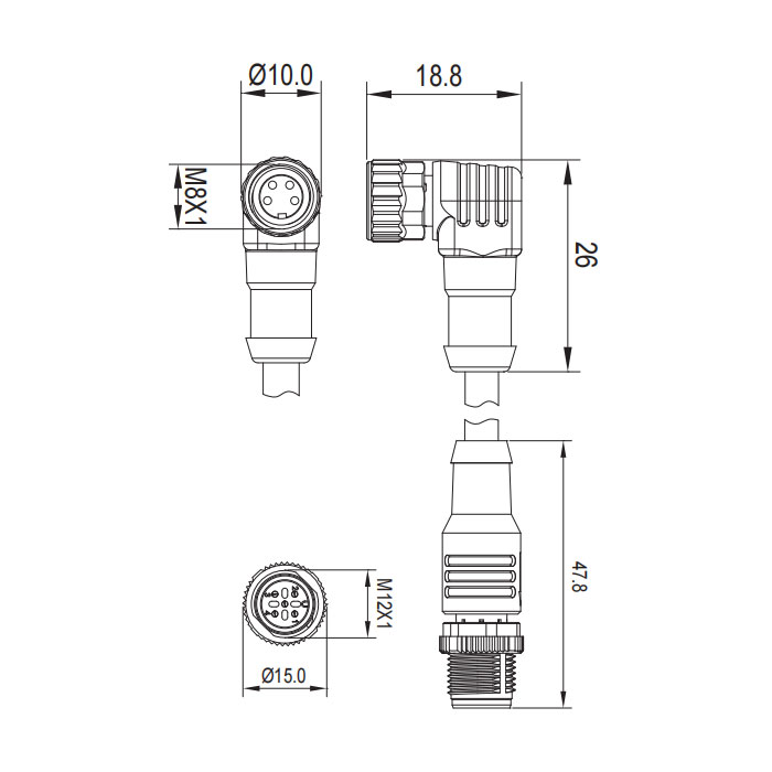 M8 4Pin 母頭90°轉M12 4Pin 公頭直型、雙端預鑄防焊渣PUR柔性電纜、橙色護套、63T281-XXX