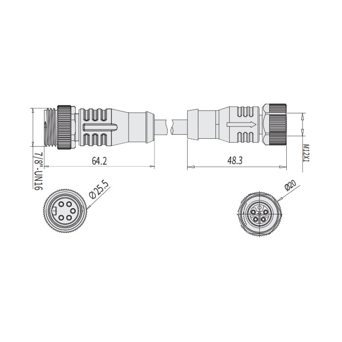 M12 5Pin 母頭直型L-coded轉(zhuǎn)7/8"5Pin 公頭直型A-coded、雙端預(yù)鑄PVC非柔性電纜、黃色護套、64L783-XXX