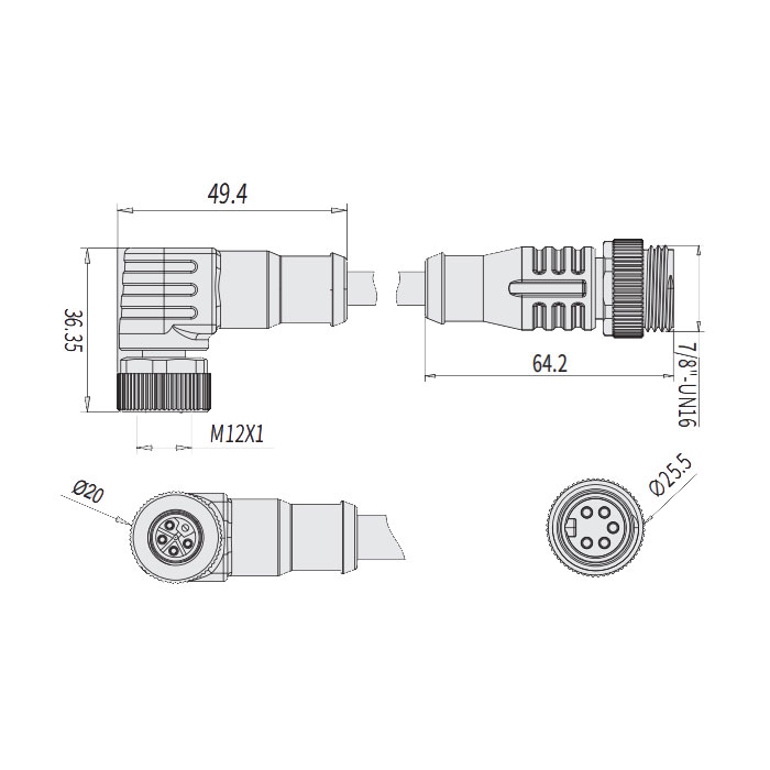 M12 5Pin 母頭90°L-coded轉7/8"5Pin 公頭直型A-coded、雙端預鑄PVC非柔性電纜、黃色護套、64L883-XXX