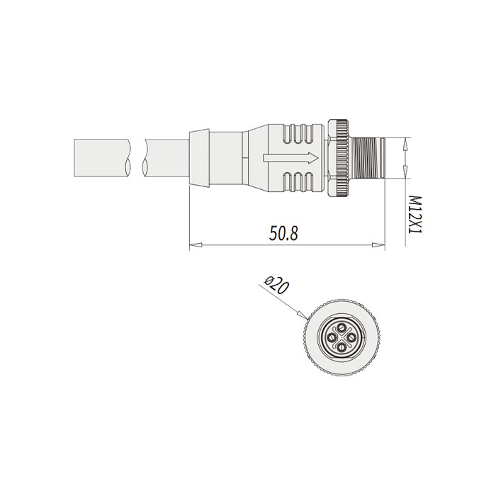 M12 4Pin S-coded、公頭直型、單端預鑄PUR柔性電纜、黑色護套、64SP25-XXX